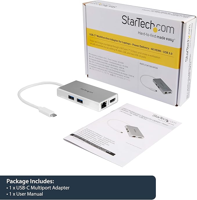 StarTech.com USB-C Multiport Adapter - USB-C Travel Docking Station w/ 4K HDMI - 60W Power Delivery Pass-Through, GbE, 2pt USB-A 3.0 Hub - Portable Mini USB Type-C Dock for Laptop - White, TAA