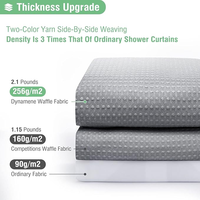 Dynamene Grey Fabric Shower Curtain for Bathroom - Waffle Weave Textured Heavy Duty , 256GSM Hotel Luxury Weighted Cloth Bath Curtain Set with 12 Plastic Hooks,72x72, Grey/Gray
