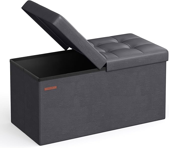SONGMICS MAZIE Collection - 30 Inches Storage Ottoman Bench with Flipping Lid, Storage Chest Footstool, Load 660 lb, for Entryway, Living Room, Bedroom, Synthetic Leather, Dark Gray ULSF045G01