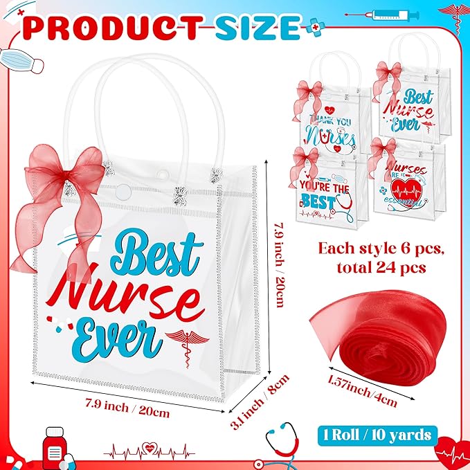 H1vojoxo Nurse Appreciation Gift Bags - 24PCS Nurse Clear PVC Gift Bags with Red Bow Ribbon Nurses Week Thank You Gifts Bag with Handles for Medical Assistant Healthcare Workers Best Nurses Ever