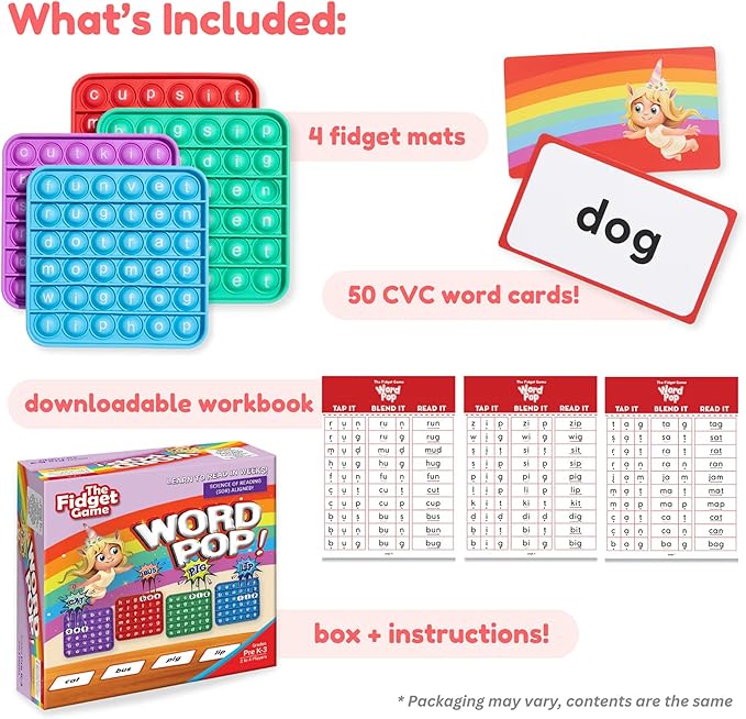 The Fidget Game Word Pop, CVC Word Games for Kids 4-6 - Learn to Read in Weeks - Multisensory Reading & Phonics Interactive Board Game Ideal for Pre Kindergarten to 1st Grade