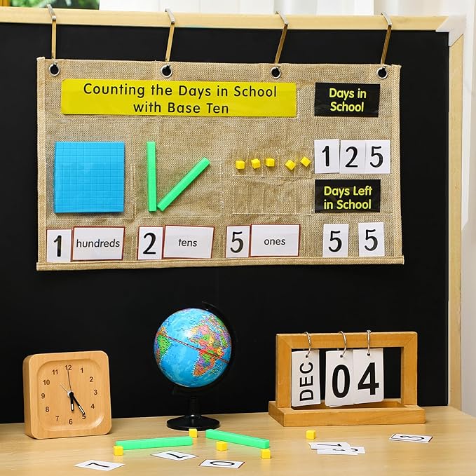 Back to School Counting The Days with Base Ten Pocket Chart Place Value, Counting Caddie Pocket Chart for Classroom Bulletin Board School or Home Decor, 4 Hooks(Burlap Color,Classic Style)