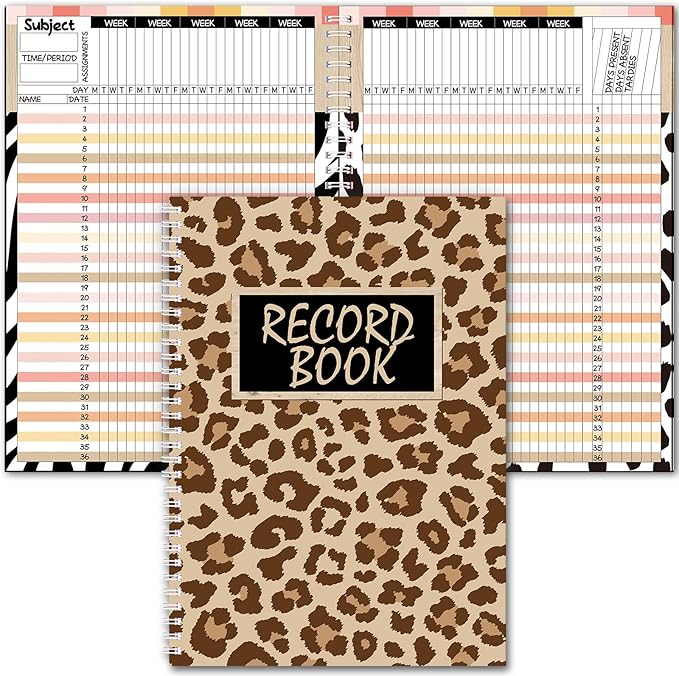 Teacher Record Book Teacher Grade Book 2026-2027 Leopard Spiral Bound Record Class Planner 2026 Gradebook Animal Print Office Favors for Classroom Attendance Decoration Double Sided Printing