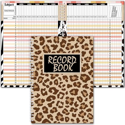 Teacher Record Book Teacher Grade Book 2026-2027 Leopard Spiral Bound Record Class Planner 2026 Gradebook Animal Print Office Favors for Classroom Attendance Decoration Double Sided Printing