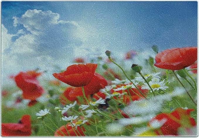 Ambesonne Country Cutting Board, Idyllic Spring Meadow with Poppy and Daisy Flowers Sunny Sky Clouds Garden Design, Decorative Tempered Glass Cutting and Serving Board, Small Size, Blue Red