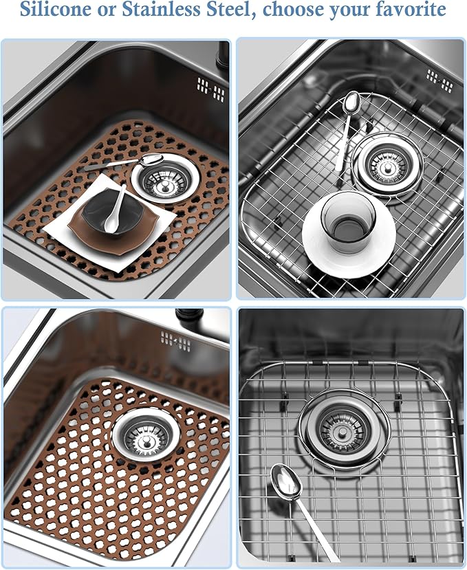 2 Pack Silicone Sink Protector for Kitchen Sink Bathroom, 13.58" x 11.6" Heat-resistant Sink Mat Non-Slip and Durable Silicone Protectors, Rear Drain, Coffee