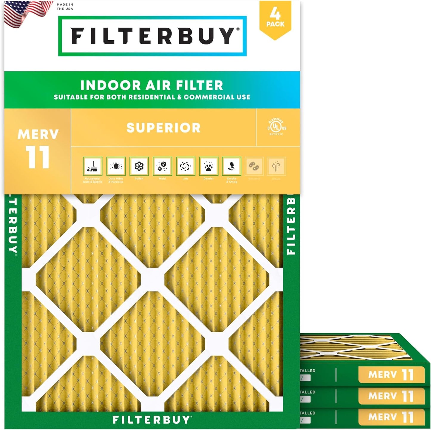 Filterbuy 14x16x1 Air Filter MERV 11 (MPR 1200) Allergen Defense Replacement (4-Pack), Electrostatic Pleated HVAC AC Furnace Filters, Made in USA (Actual Size: 14.00 x 16.00 x 0.75)