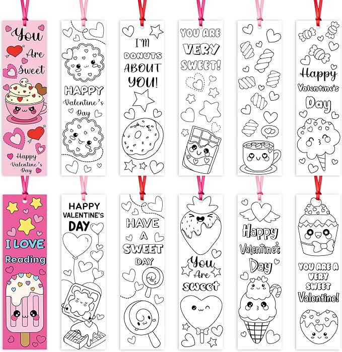 75Pcs Valentine’s Day Color Your Own Bookmarks Desserts Theme DIY Coloring Blank Bookmark Classroom Art Craft Supplies for Teachers Students Valentines Party Gift Supplies Reward Goodie Fillers
