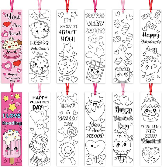 75Pcs Valentine’s Day Color Your Own Bookmarks Desserts Theme DIY Coloring Blank Bookmark Classroom Art Craft Supplies for Teachers Students Valentines Party Gift Supplies Reward Goodie Fillers