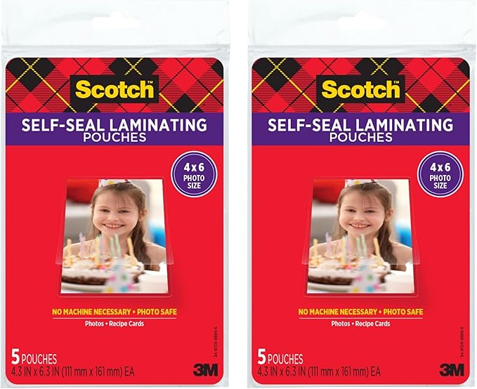 Scotch Self-Sealing Laminating Pouches, Photo Size (4-3/8" x 6-3/8"), Glossy, 10-Pack (2 Packs of 5)