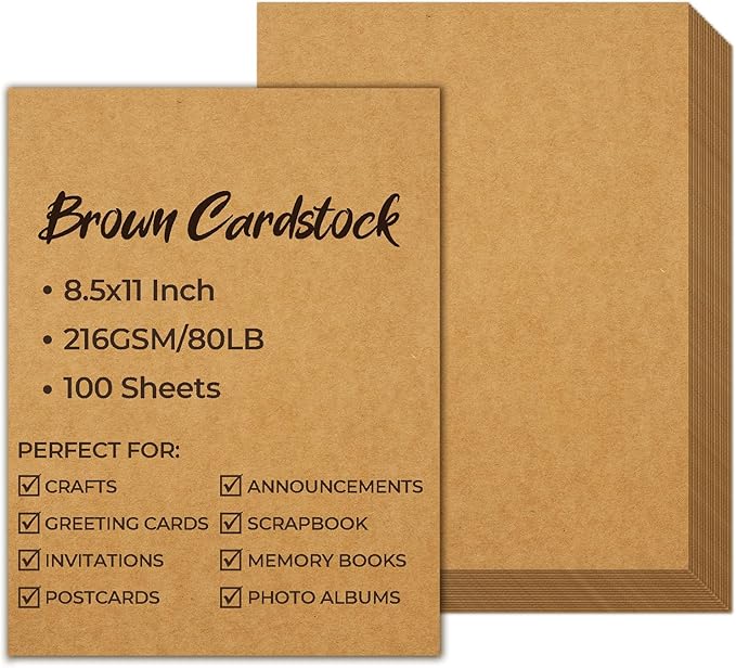 Ohuhu Brown Kraft Cardstock Thick Paper 100 Sheets - 8.5" x 11" Heavyweight 80 lb/216 gsm Card Stock for Crafts and DIY Card Making