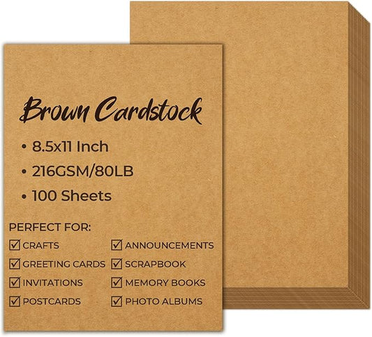 Ohuhu Brown Kraft Cardstock Thick Paper 100 Sheets - 8.5" x 11" Heavyweight 80 lb/216 gsm Card Stock for Crafts and DIY Card Making