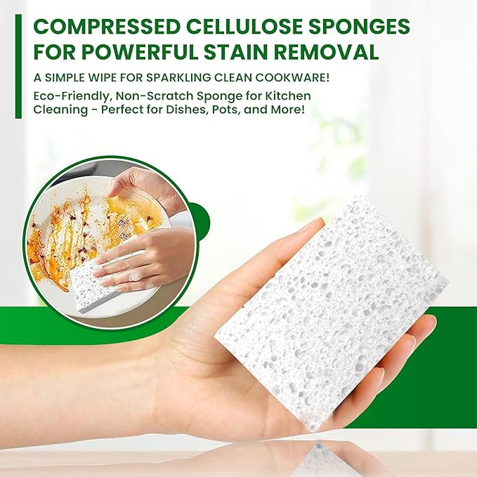 Cellulose Sponges – 24-Pack White Compressed Natural for Kitchen – Plant-Based, Biodegradable, Non-Scratch, Quick-Dry, Super-Absorbent for Dishes & Surfaces (24, White)
