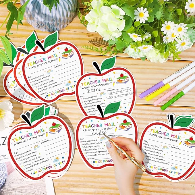 50Pcs Teacher Mail Notes to Parents, Happy Mail from Teacher, Brag Cards for Students Behavior Classroom Must Haves to Send Home for Preschool Kindergarten Elementary School Supplies (Apple)