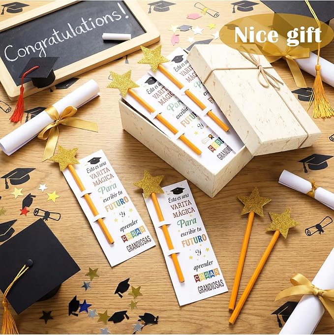 Colarr 50 Sets Spanish Graduation Gifts Pencils Class of 2026 Include Star Sticker Magical Wand Pencils Card for DIY Graduation Party Favors End of Year Senior High School College University