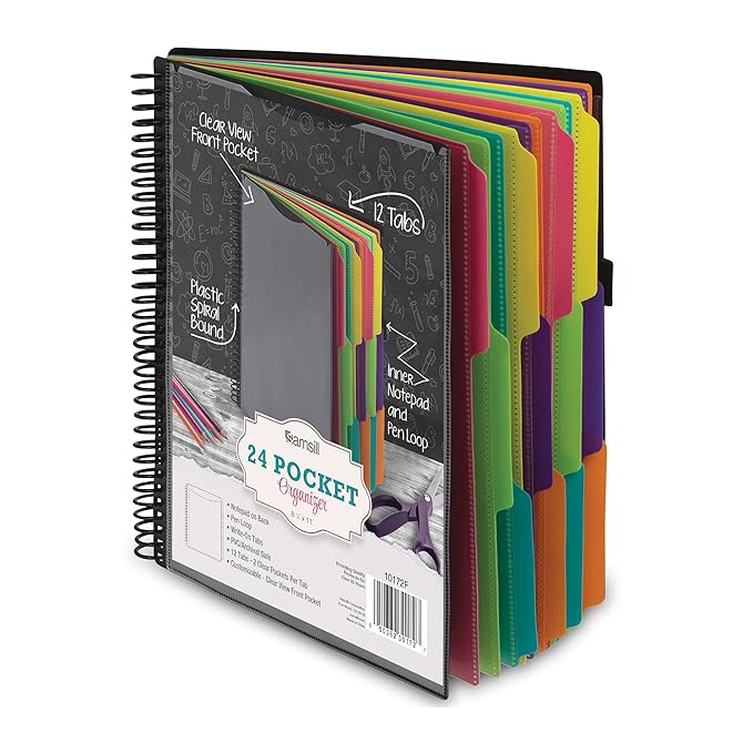 Samsill Spiral Folder Organizer - 12 Dividers & 24 Pockets with Notepad Holder, Multi Pocket Color Cordinated Folder Binder with Customizable Tabs, Document Organizer (Fashion)
