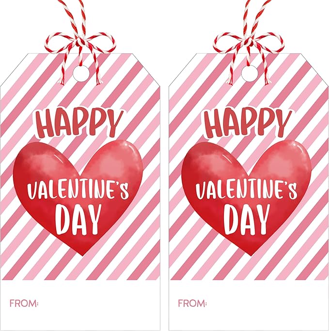 Happy Valentines Tags for Bags - 50Pcs Valentine Gift Tags with String, Hanging Paper Gift Label for Wrapping Treat Bag, Idea Valentines Activity School Classroom Party Favors