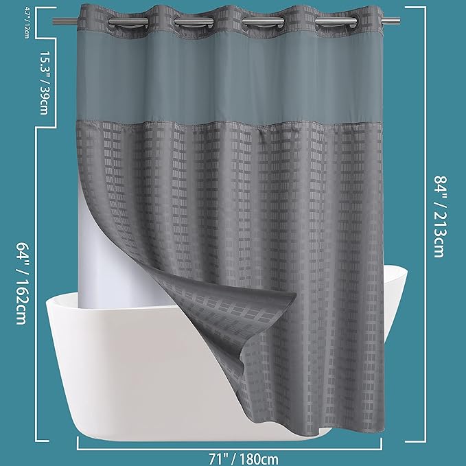 Conbo Mio Extra Long No Hook Shower Curtain with Snap in Liner Set, Hotel Luxury Grey Shower Curtains for Bathroom with See Through Top Window, Waterproof, Washable 71W x 84H