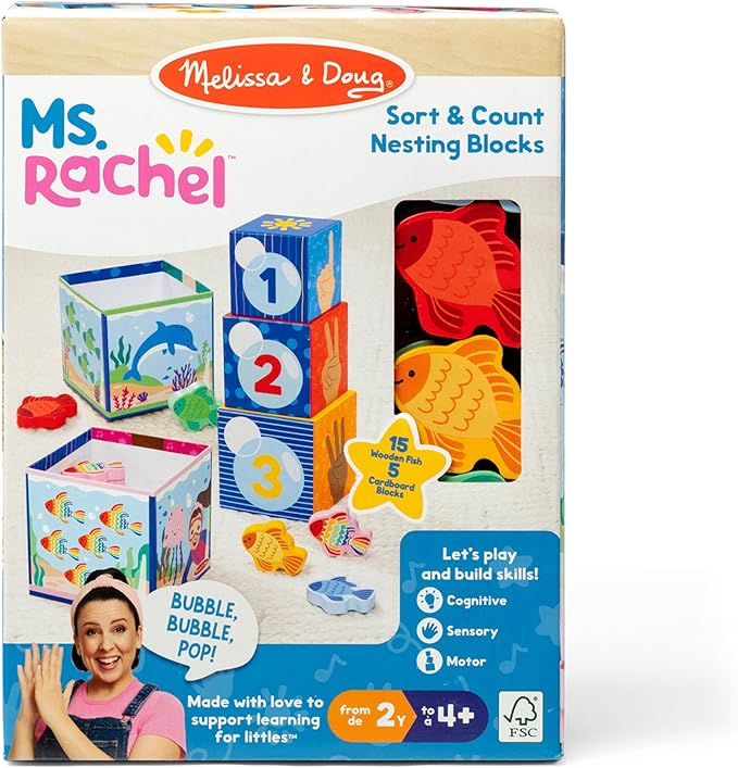 Melissa & Doug® Ms. Rachel™ Sort and Count Nesting and Stacking Blocks with Wooden Fish Preschool Learning Toy for Boys, Girls - FSC Certified