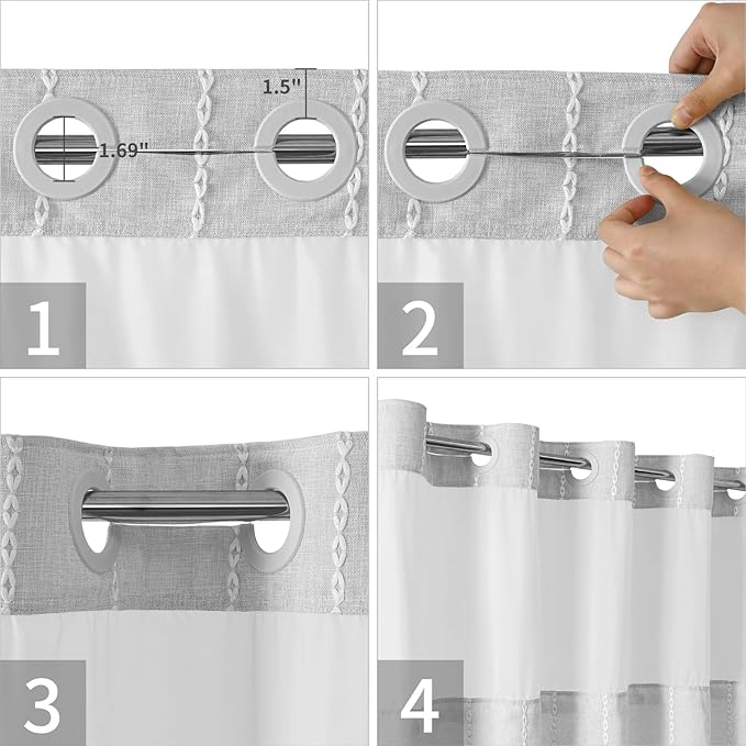 Grey Farmhouse No Hook Shower Curtain Set with Snap-in Fabric Liner,Boho Heavy-Duty Linen Textured Rustic Striped Design,Water-Repellent with Tassels and Sheer Window,Gray,71x74