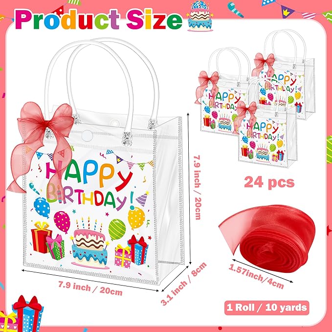 H1vojoxo Birthday Party Gift Bags - 24PCS Happy Birthday Clear PVC Gift Bags with Handles 10 Yards Red DIY Bow Ribbon 7.9x7.9x3.1 Inches Reusable Clear PVC Birthdays Gift Wrap Tote Bag for Kids Adults