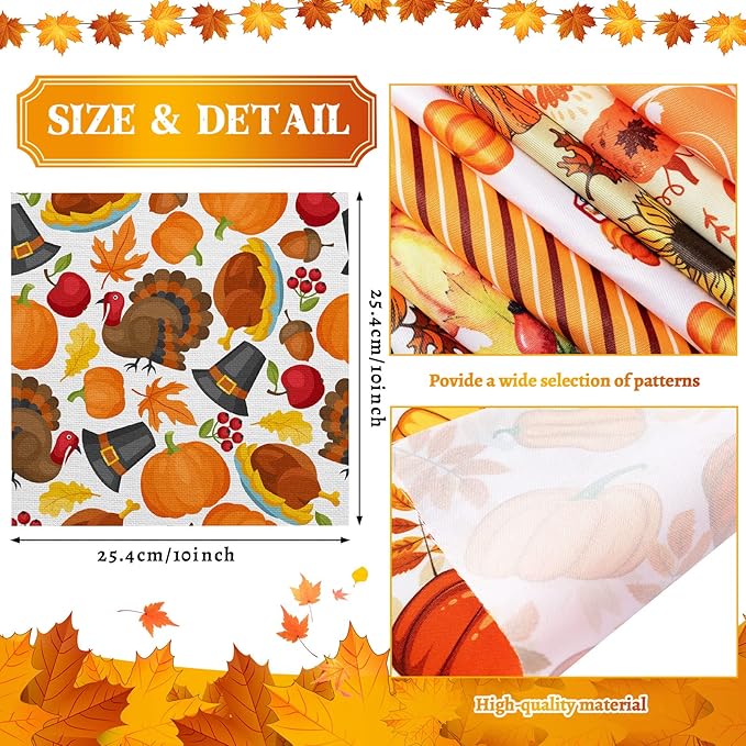 Shimeyao 60 Pieces Thanksgiving Fabric Bundles 10 x 10 Inch Thanksgiving Leaves Pumpkin Patchwork Squares Fabric for Harvest Holiday DIY Craft Sewing Quilt Material Handmade