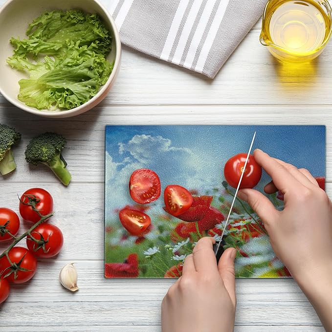 Ambesonne Country Cutting Board, Idyllic Spring Meadow with Poppy and Daisy Flowers Sunny Sky Clouds Garden Design, Decorative Tempered Glass Cutting and Serving Board, Small Size, Blue Red