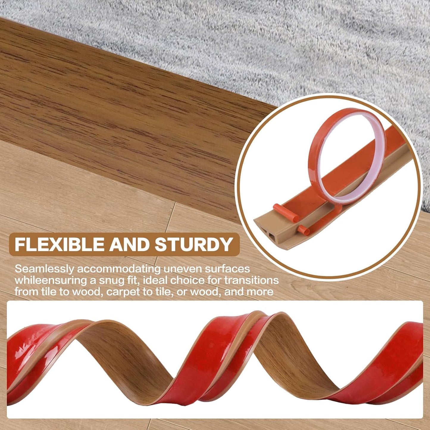 Floor Transition Strip Vinyl Door Threshold Ramp Self Adhesive Carpet Edging Strip Doorway Edge Trim, Overlap Edge Reducer for Laminate Carpet, Floor, Tile (Orange Oak, 2/5" to 3/5", 6.6Ft)