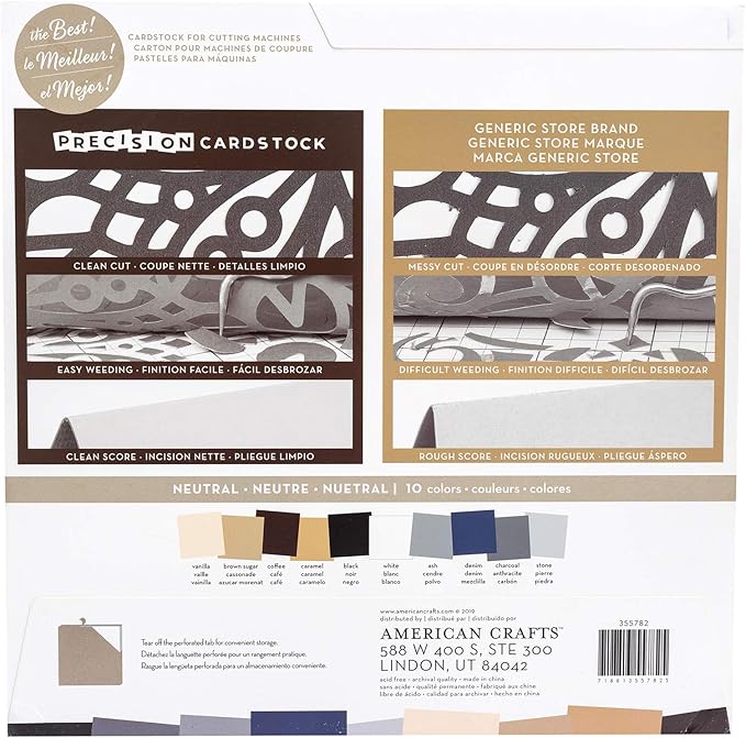 Precision Cardstock 12x12 Paper - Smooth Craft Paper for Die Cutting, Card Making, Scrapbooks - 60 Heavy Duty Sheets, 10 Unique Colors, 80lb (216gsm), Solid Core - Neutrals