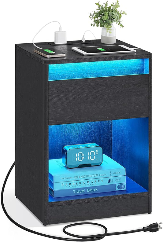 VASAGLE LED Nightstand with Charging Station, Adjustable Light Colors, 2 AC Outlets, 2 USB Ports, Bedside Table, Side Table with Drawer, Modern, 13.8 x 15.7 x 21.7 Inches, Ebony Black ULET618T21V1