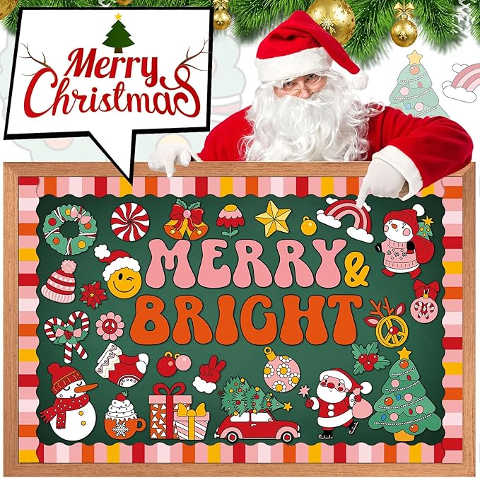 Groovy Christmas Bulletin Board Decoration Set Retro Merry Christmas Borders Cutouts for Xmas Holiday Party School Classroom Door Welcome Bulletin Board Craft Home Wall(Merry & Bright)