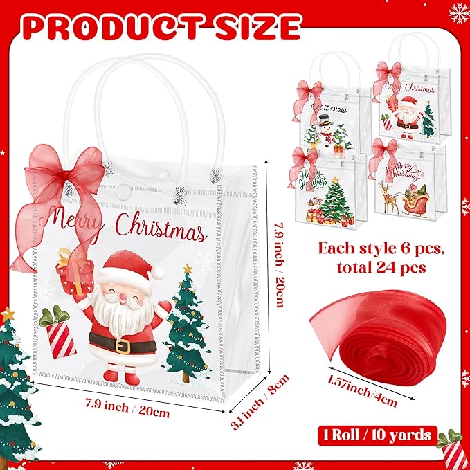 H1vojoxo Merry Christmas Gift Bags - 24PCS Watercolor Christmas Clear PVC Gift Bags with Handle and Ribbon Xmas Party Giftss Bag Reusable Xmas Goodie Bag PVC Gifts Wrap Totes for Kids Family Friends