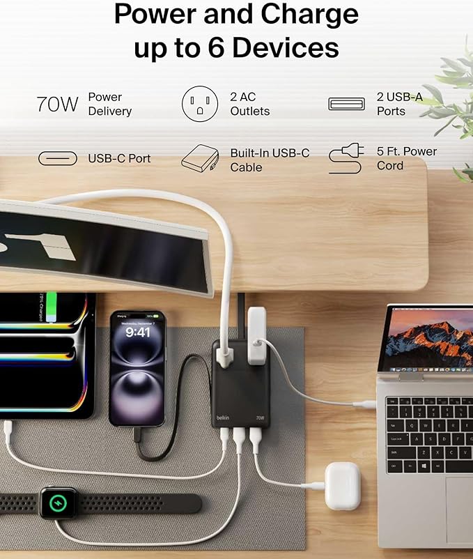 Belkin Travel Power Strip 70W, 6-in-1 GaN Charging Station USB C Charger w/ 2 AC Outlets, 2 USB A Ports, Integrated USB C Cable - Power Strip for iPhone, Apple Watch, iPad, MacBook, Chromebook, Laptop