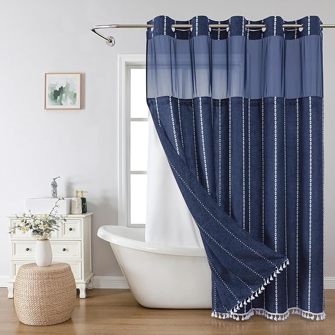 No Hook Boho Farmhouse Shower Curtain with Snap-in Liner Set,Linen Rustic Heavy Duty Striped Fabric Shower Curtain with Tassel,Hotel Style Cloth Shower Curtains for Bathroom,Navy Blue,71x74