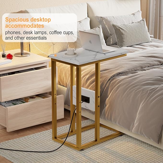 VECELO C Shaped End Table with Charging Station & Power Outlets, Quick Access Side Table for Sofa, C Bedside for Living Room Bedroom 1 Set,Gold