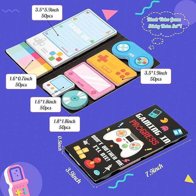 B1ykin Cute Sticky Notes Set - Gaming in Progress Self-Stick Notes Pad, 550 Sheets Writing Memo Pages Sticky Notepad for Teacher Appreciation Gift, School Office Party Supplies (Black Video Game)