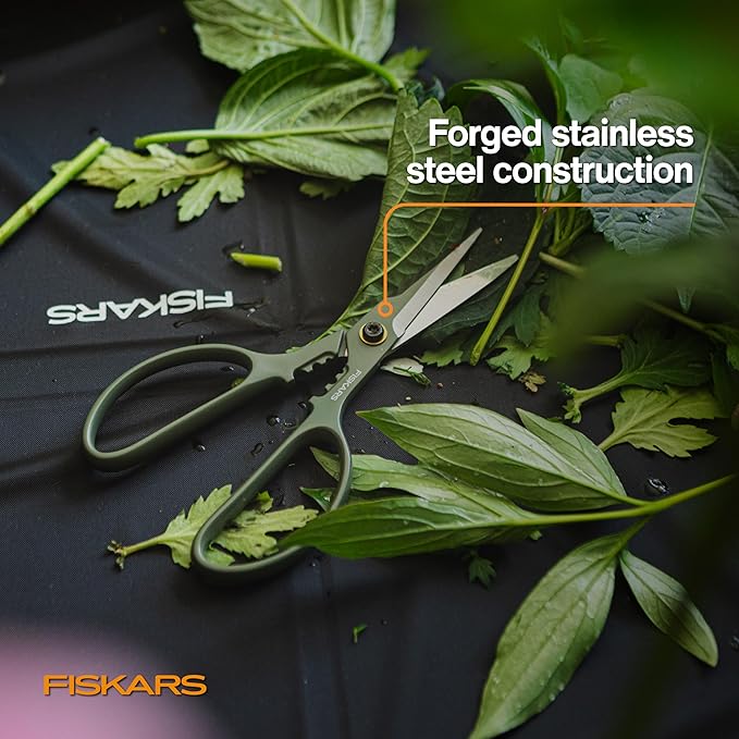 Fiskars Shaper Plant Shears, Precision Indoor Gardening Snips with Storage Caddy, Forged Stainless Steel Blades for Clean Cuts on Broad Leaves, Ambidextrous Handles & Stem Stripper, 6"