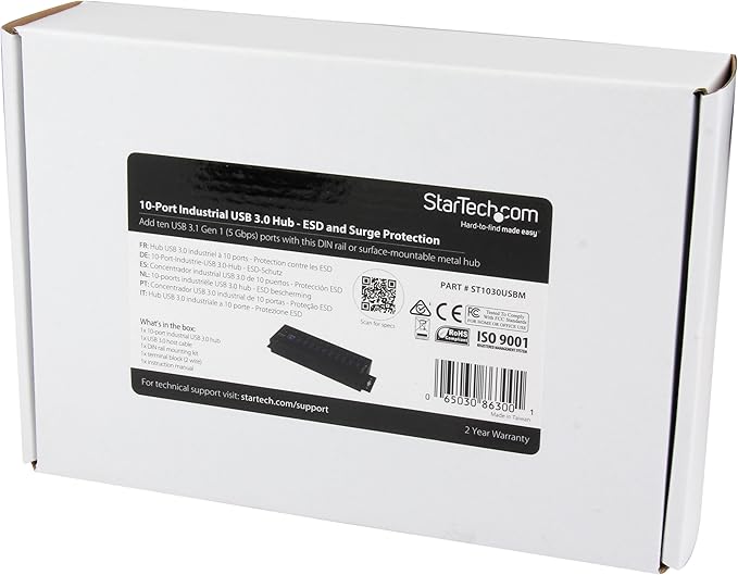 StarTech.com 10-Port USB 3.0 Hub - 5Gbps - Metal Industrial USB-A Hub with ESD & Surge Protection - Din Rail, Wall or Desk Mountable - TAA Compliant USB Expander Hub (ST1030USBM)