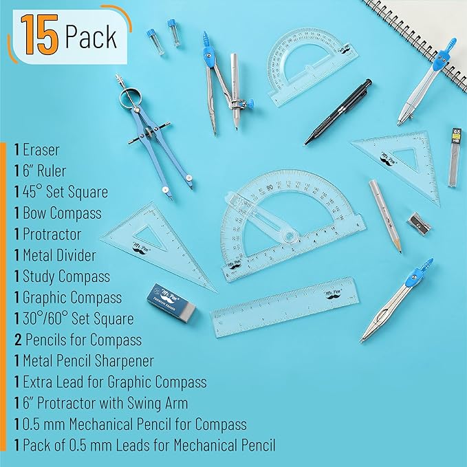 Mr. Pen- Geometry Set, 15 pcs, Blue, 6 Inch Swing Arm Protractor, Divider, Set Squares, Ruler, Compasses and Protractor