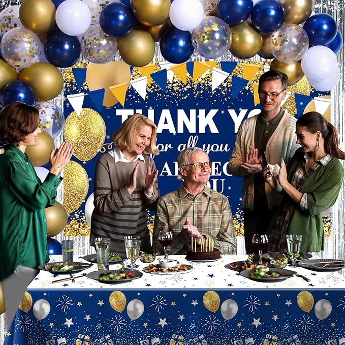 We Appreciate You Decorations Banner Blue and Gold Thank You for All You Do Backdrop, Employee Appreciation Party Decorations Coworkers Teacher Pastor Veterans Day Appreciation Decor Fringe Curtains