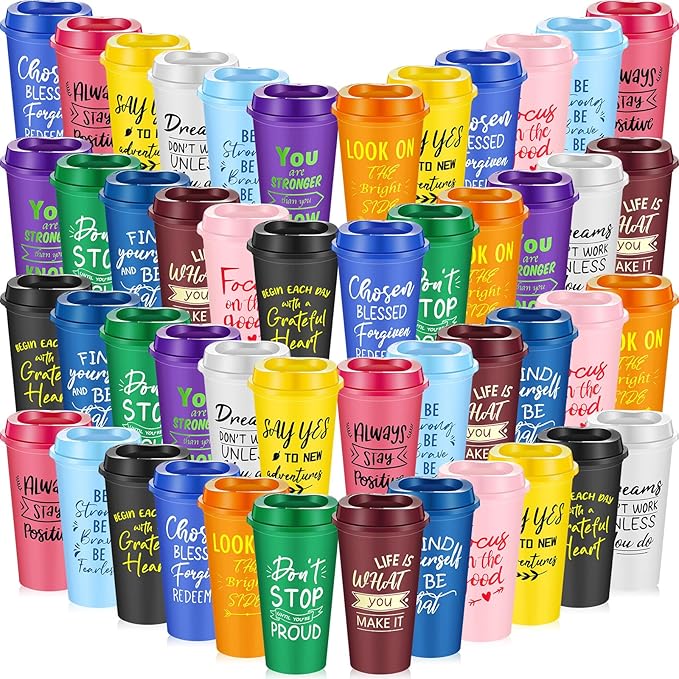 48 Pcs Inspirational Gifts for Employee Coworkers Staff Teammate, 16oz Reusable Plastic Coffee Cups with Positive Sayings, Bundle Gifts for Woman Man Coworker (Bright Color,Inspirational)
