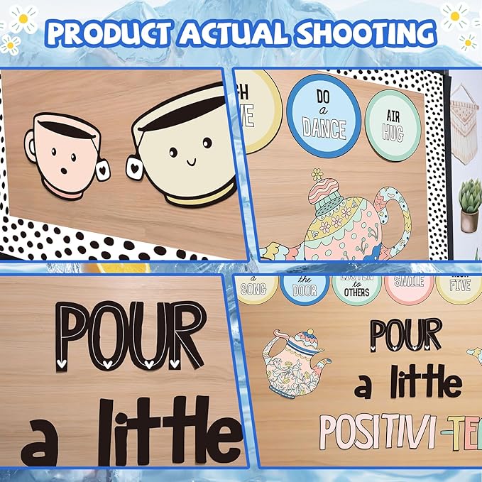 Positivity Classroom Bulletin Board Decorations Set, Pour A Little Inspirational Kettle Teacup Paper Cutouts with Dot Bulletin Border Trims for Back to School Classroom Supplies Door Wall Decor