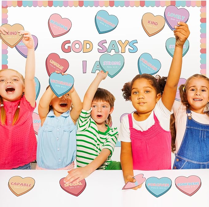 Kosiz 64 Pcs Valentine's Day Christian Hearts Bulletin Board Decoration Religious Candy Heart Cutouts for Church Sunday School Classroom Chalkboard Wall Decor