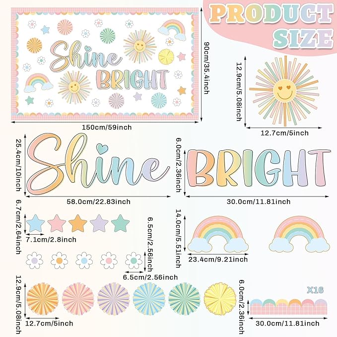 Boho Shine Bright Bulletin Board Set Summer Pastel Sun Classroom Decorations Colorful Rainbow Flowers Paper Cutouts for Teacher Supplies Back to School Nursery Chalkboard Home Office Wall Door Decor