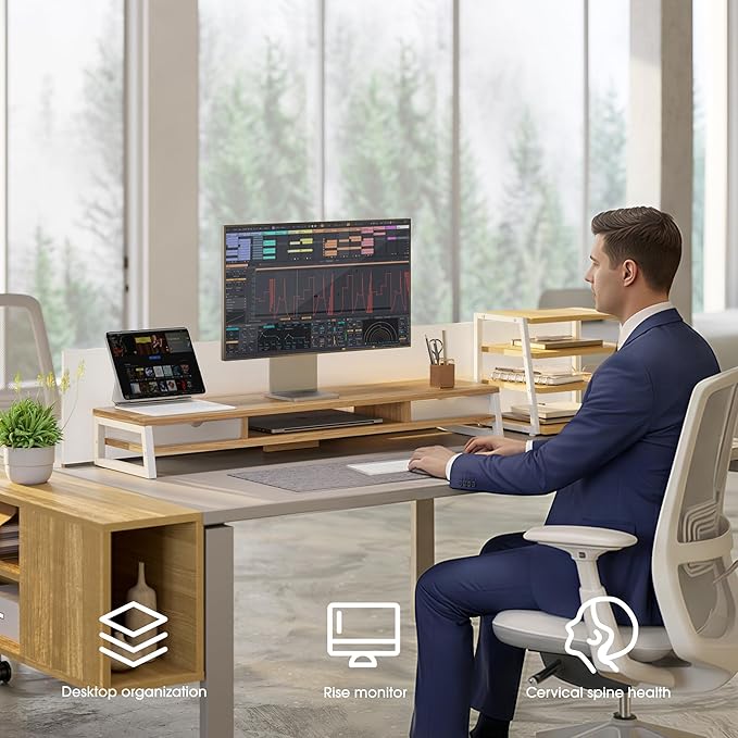 Fenge Dual Monitor Stand, Monitor Riser with Drawer, 42.5 Inch Large Computer Monitor Stand for 2 Monitors, 2 Tier Wooden Desk Shelf for Top of Desk