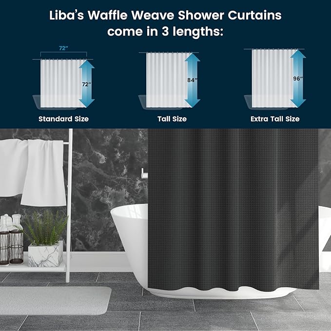 LiBa Waffle Weave Fabric Black Shower Curtain, 72 W x 72 H Water Repellent & Heavyweight, Hotel Quality & Machine Washable Cloth Linen Shower Curtains Set and for Bathroom
