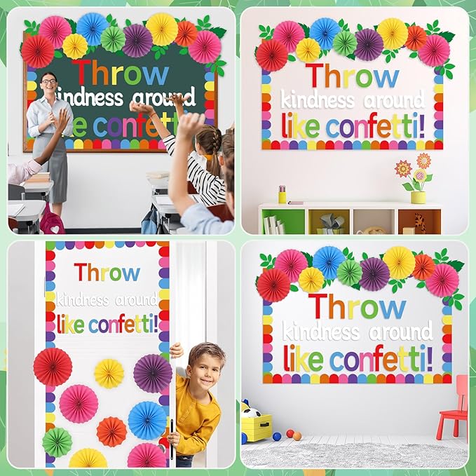 Classroom Bulletin Board Decorations with 3D Paper Fans Inspirational Throw Kindness Around Like Confetti Bulletin Board Set for Back to School Motivational Office Home Wall Door Chalkboard Decor