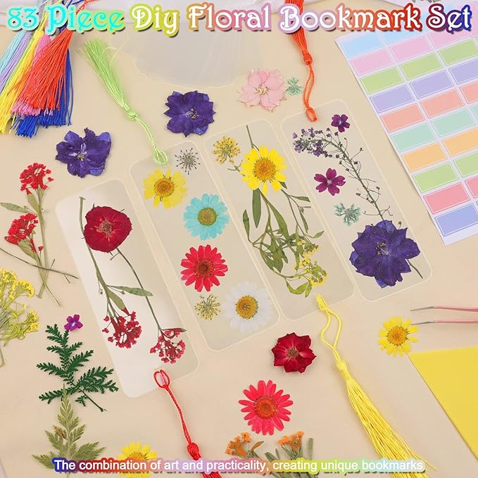 DIY Bookmark Making Kit - No Laminator Needed – 83 PCS Self-Adhesive Clear PVC Bookmarks with Dried Flowers & Tassels, Peel & Stick Bookmarks for Book Lovers & Back to School Gifts Bulk