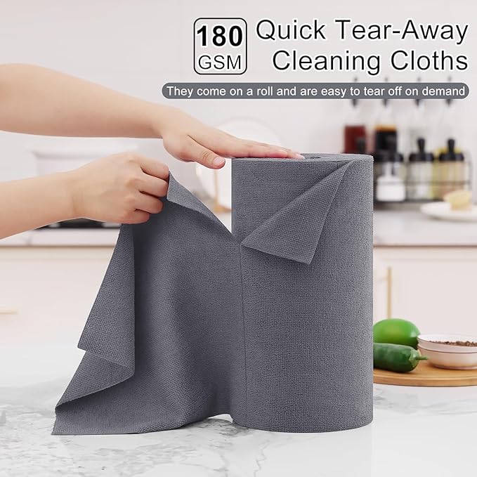 Homaxy Tear Away Dish Cloths Rolls, 75 Sheets-11.8" X 11.8", Reusable Washable Dish Towels for Kitchen, Ultra Absorbent and Quick Drying Microfiber Cleaning Rags, Grey