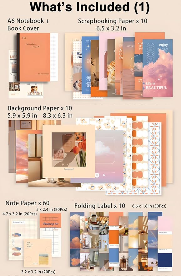 JOYCHOIC Scrapbooking Kit, Sunset Journaling Supplies, Junk Journal Materials, Large Aesthetic Scrapbook Collection for Women, Stationery DIY Arts Craft, Adults